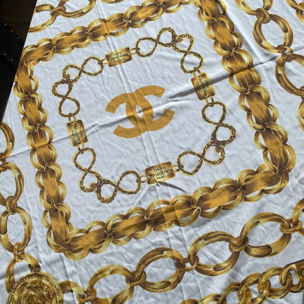 Chanel Vintage Silk Scarf Gold/Ivory with Chain Link Medallion